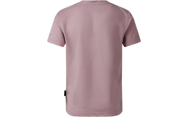 Rückenansicht eines kurzärmligen hellrosa T‑Shirts mit Rundhals, sichtbaren Nähten, kleinem schwarzen Seitenetikett links und kleinem grauen Logo unten rechts