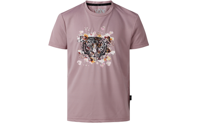 Rosa-lila, kurzärmeliges T‑Shirt mit rundem Halsausschnitt und großem Tigerkopf-Motiv in der Mitte, umgeben von Aquarellflecken und kleinen Herz-Symbolen
