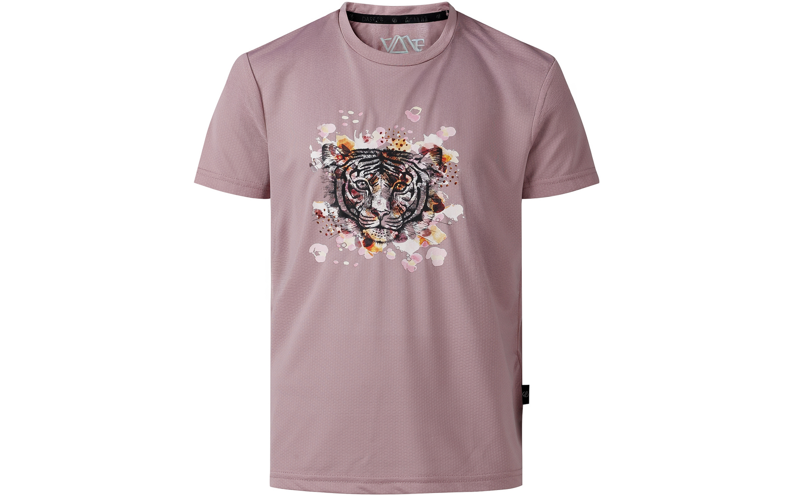Rosa-lila, kurzärmeliges T‑Shirt mit rundem Halsausschnitt und großem Tigerkopf-Motiv in der Mitte, umgeben von Aquarellflecken und kleinen Herz-Symbolen