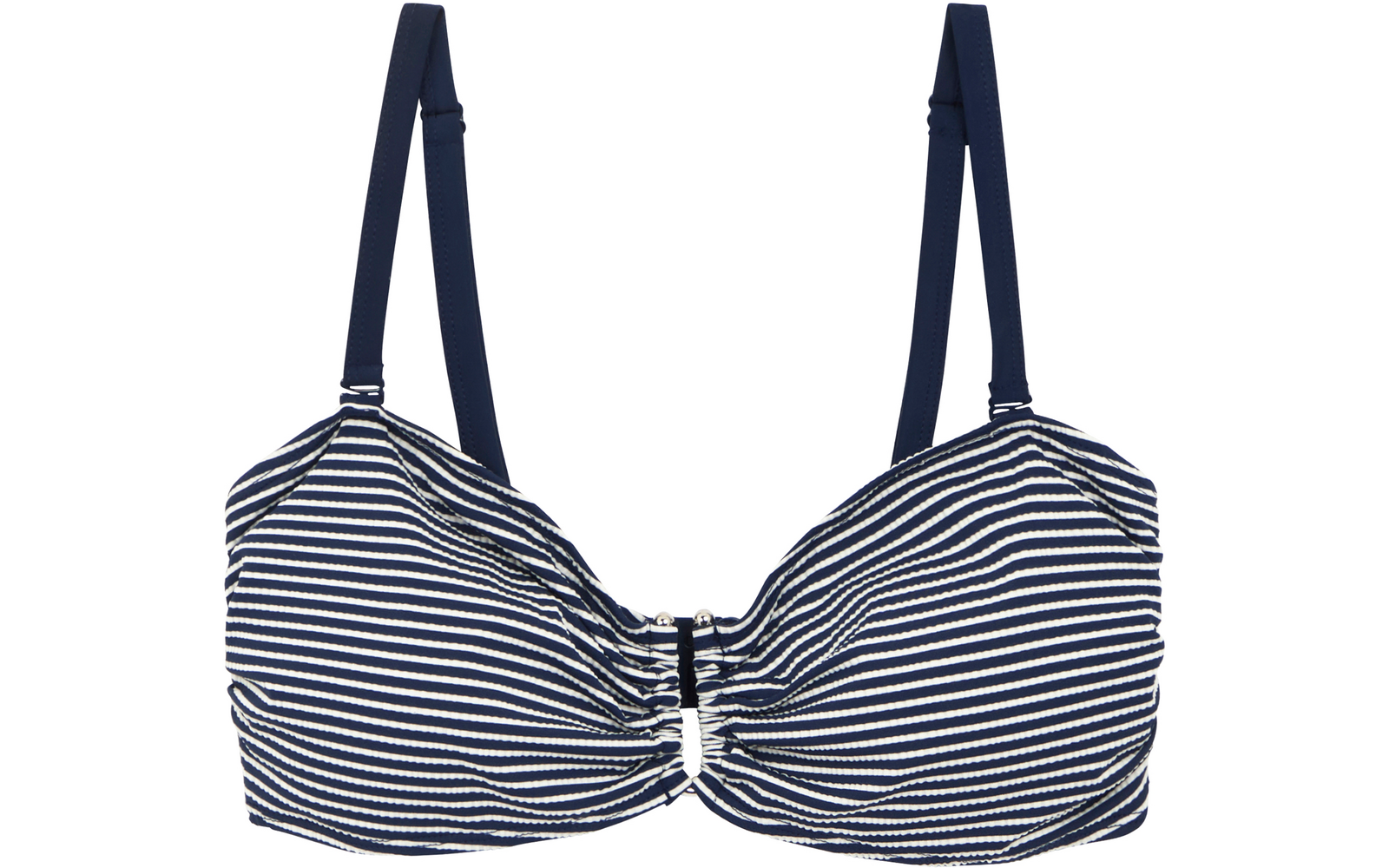 Blau-weiß gestreiftes Oberteil mit verstellbaren dunkelblauen Trägern und geraffter Mitte