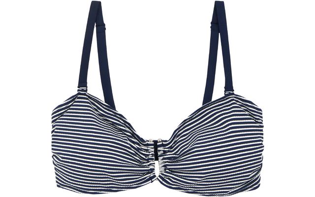 Blau-weiß gestreiftes Oberteil mit verstellbaren dunkelblauen Trägern und geraffter Mitte