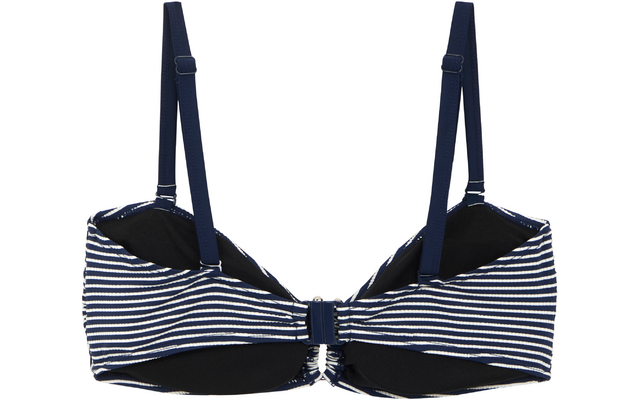 Dunkelblau-weiß gestreifter Büstenhalter mit verstellbaren Trägern und Vorderhäkchen auf weißem Hintergrund