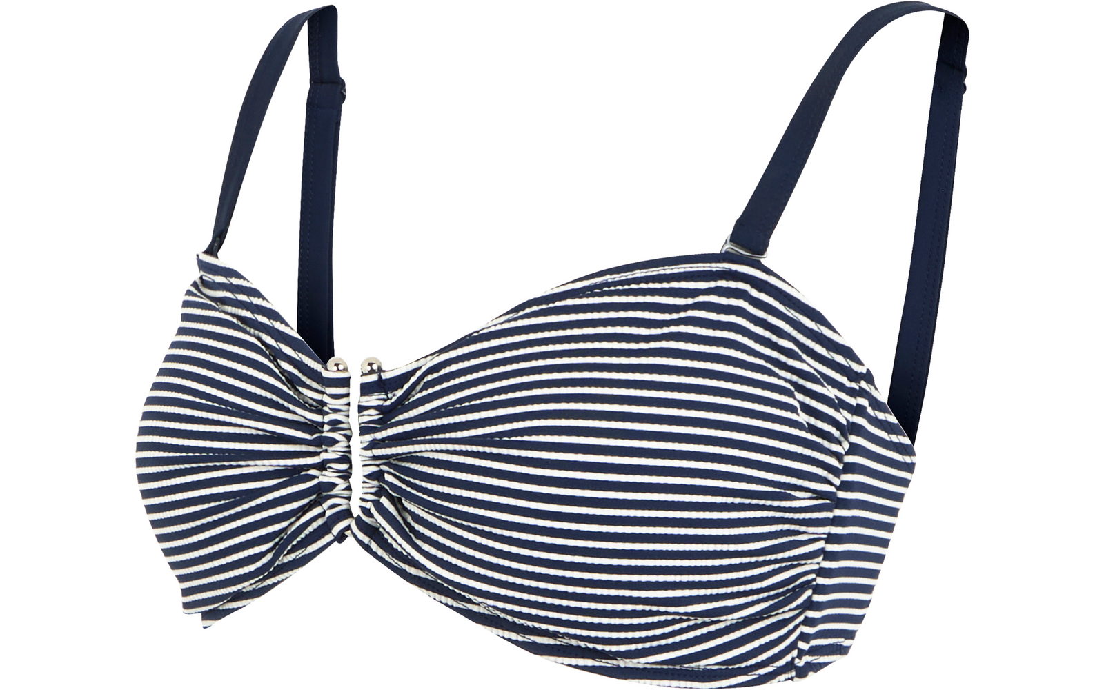 Gestreiftes Bikini-Oberteil in Dunkelblau und Weiß mit geraffter Mitte, kleinen Metallringen vorn und verstellbaren dunkelblauen Trägern