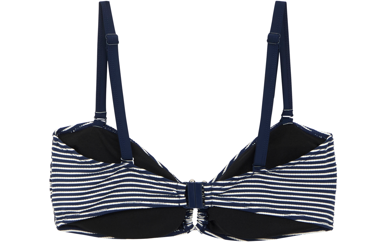 Dunkelblau-weiß gestreifter Büstenhalter mit verstellbaren Trägern und Vorderhäkchen auf weißem Hintergrund