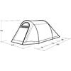 Zwart-witte lijntekening van een tent met een boogvormige ingang; maatlijnen en cijfers tonen lengtes en hoogte