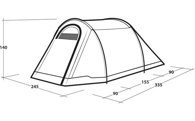 Zwart-witte lijntekening van een tent met een boogvormige ingang; maatlijnen en cijfers tonen lengtes en hoogte