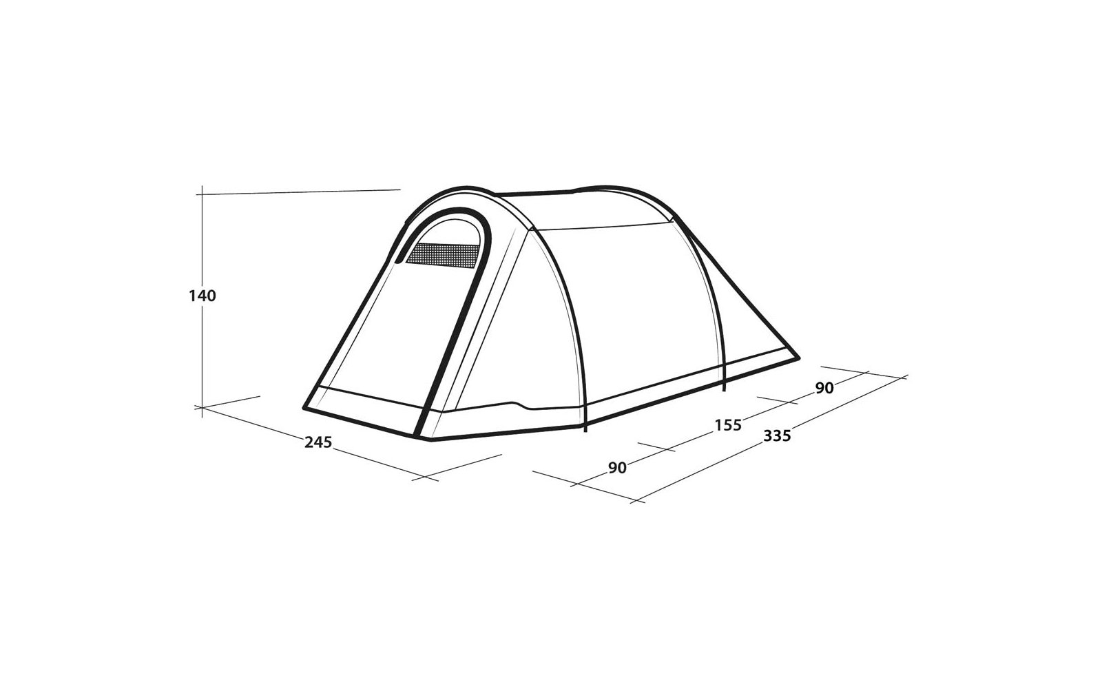 Zwart-witte lijntekening van een tent met een boogvormige ingang; maatlijnen en cijfers tonen lengtes en hoogte
