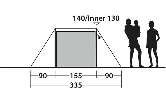 Vooraanzicht lijntekening van een opgezet tent met geschaduwde rechthoekige ingang; onderaan afmetingen '90 155 90' (335 cm) en boven '140/Inner 130'; rechts twee persoonssilhouetten, één houdt een kind