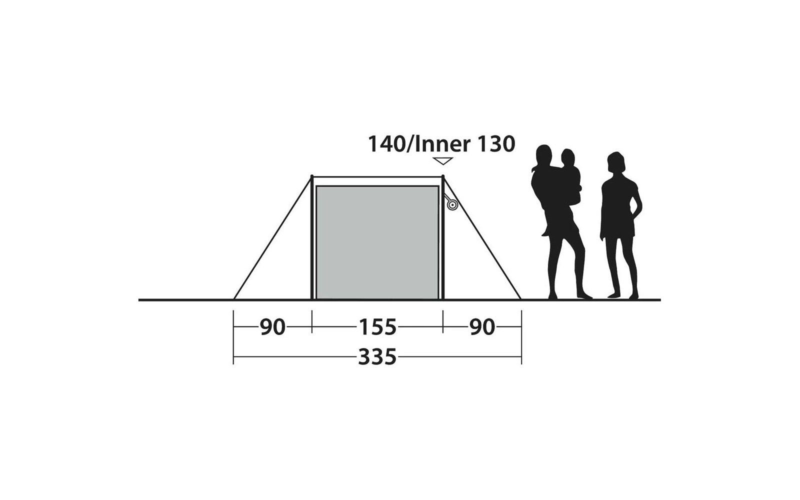 Vooraanzicht lijntekening van een opgezet tent met geschaduwde rechthoekige ingang; onderaan afmetingen '90 155 90' (335 cm) en boven '140/Inner 130'; rechts twee persoonssilhouetten, één houdt een kind