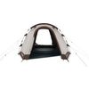 Beige-bruin tunneltent met open ingang, zichtbaar interieur en muskietennet, scheerlijnen aan de zijkanten, op witte achtergrond