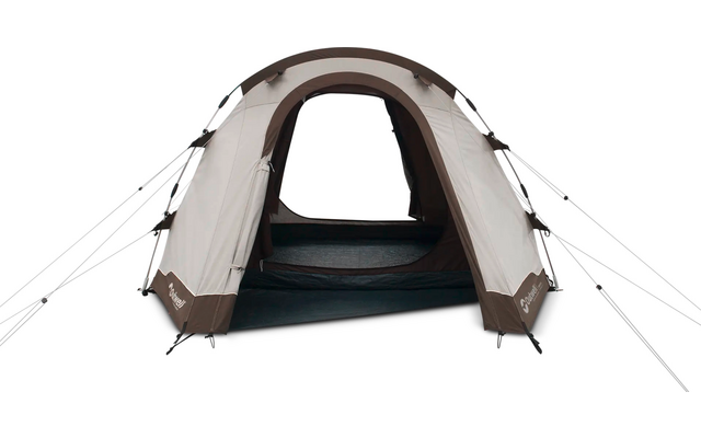 Beige-bruin tunneltent met open ingang, zichtbaar interieur en muskietennet, scheerlijnen aan de zijkanten, op witte achtergrond