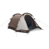Bruin-beige tent met open ingang, binnennet, scheerlijnen, stokken en zichtbaar logo