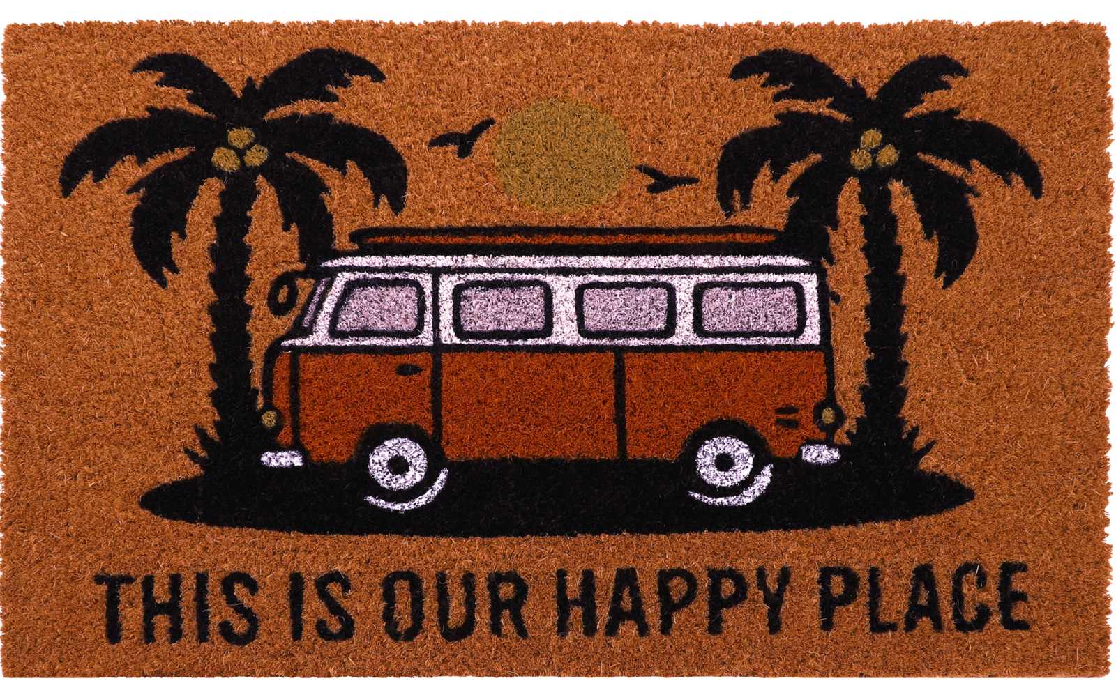 Orangefarbene Fußmatte mit schwarzem Motiv: zwei Palmen, gelbe Sonne, orange-roter Camperbus und schwarzer Text 'THIS IS OUR HAPPY PLACE'