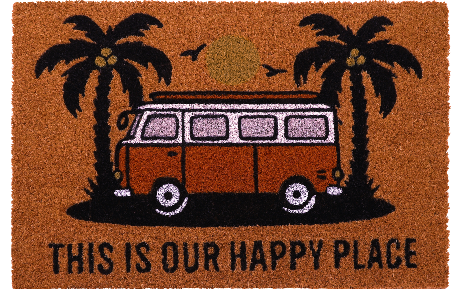 Orangefarbene Fußmatte mit schwarzem Motiv: zwei Palmen, gelbe Sonne, orange-roter Camperbus und schwarzer Text 'THIS IS OUR HAPPY PLACE'