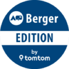 Runder blauer Kreis mit weißem horizontalem Streifen; links oben kleiner weißer Kreis mit Zelt- und Wohnwagensymbol; rechts davon das Wort 'Berger'; im weißen Streifen das Wort 'EDITION' in Großbuchstaben; unten 'by' und 'tomtom' mit Standort-Pin-Sym