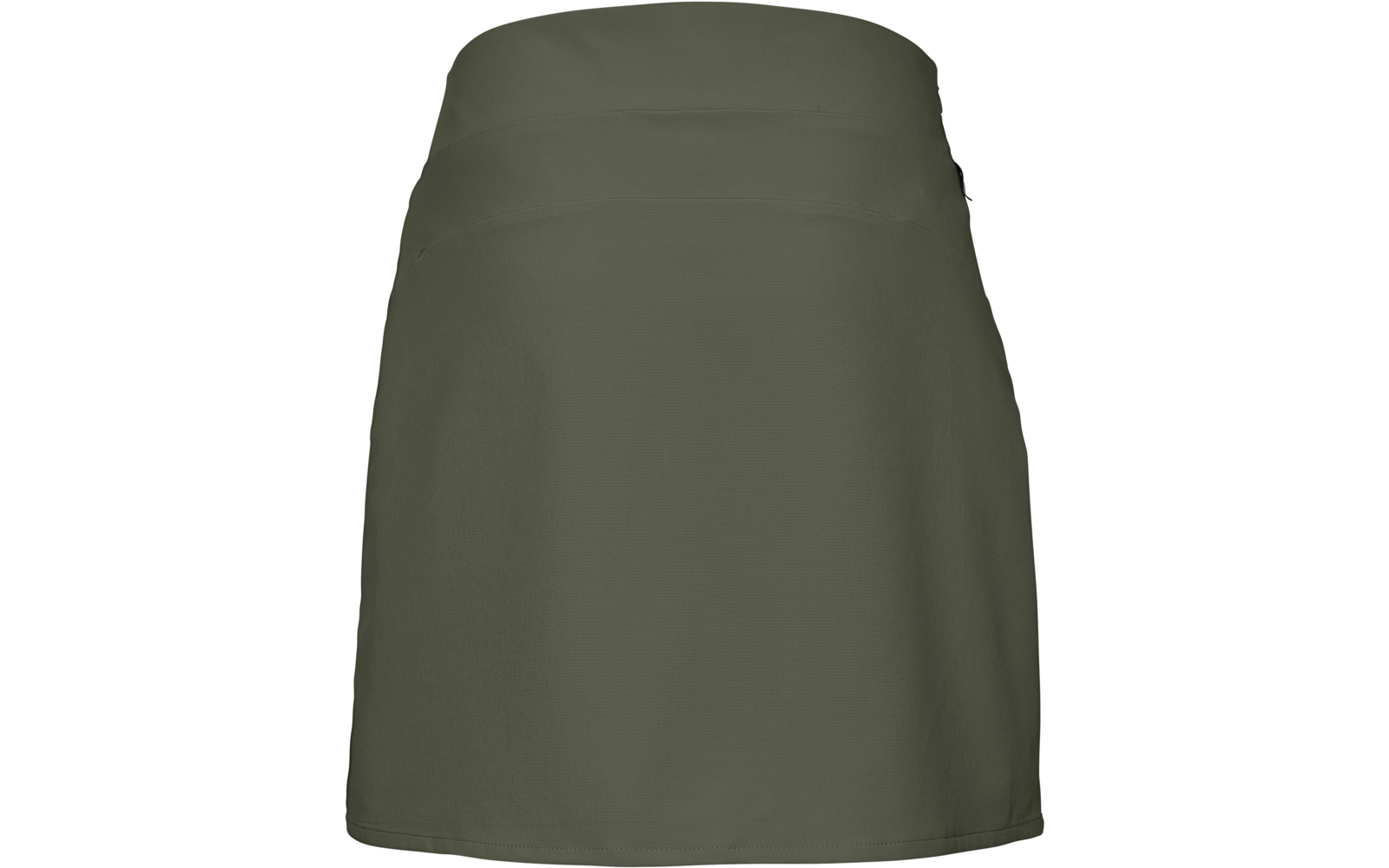Olivegrüner kurzer Rock mit breitem Bund und sichtbaren Nähten, Vorderansicht auf weißem Hintergrund