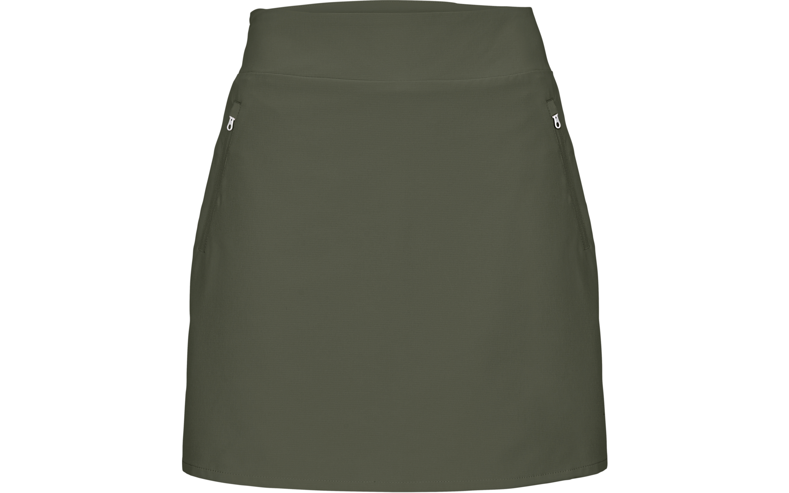 Olivgrüner kurzer Rock mit hoher Taille und je einer seitlichen Reißverschlusstasche