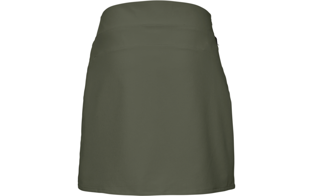 Olivegrüner kurzer Rock mit breitem Bund und sichtbaren Nähten, Vorderansicht auf weißem Hintergrund