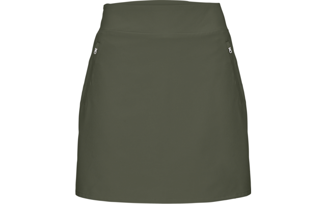 Olivgrüner kurzer Rock mit hoher Taille und je einer seitlichen Reißverschlusstasche