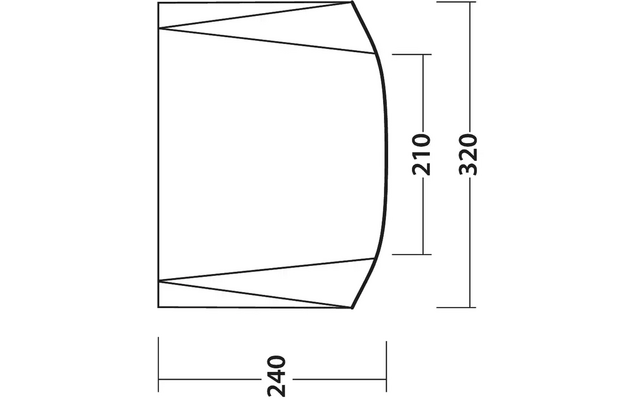 Schwarz-weiße Konturlinie: linke Seite gerade, rechte Seite nach außen gebogen; schräge Linien an oberen und unteren Ecken; Maßangaben 320 (vertikal außen), 210 (vertikal innen), 240 (horizontal unten)
