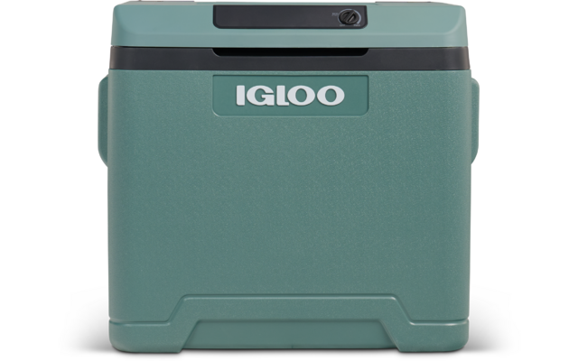 Türkisgrüner, rechteckiger Kasten mit geschlossenem Deckel und Aufschrift 'IGLOO' auf der Vorderseite