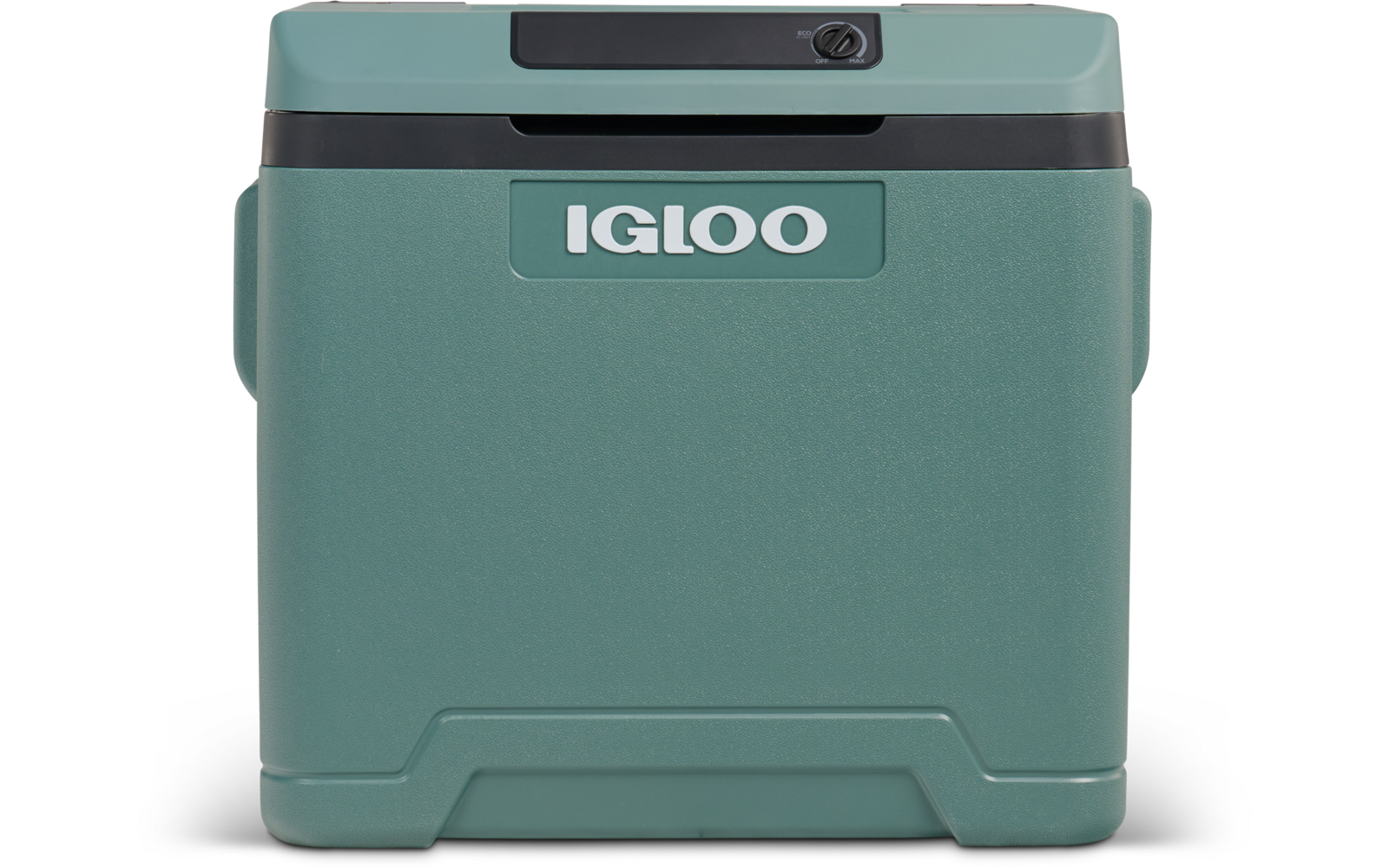 Türkisgrüner, rechteckiger Kasten mit geschlossenem Deckel und Aufschrift 'IGLOO' auf der Vorderseite