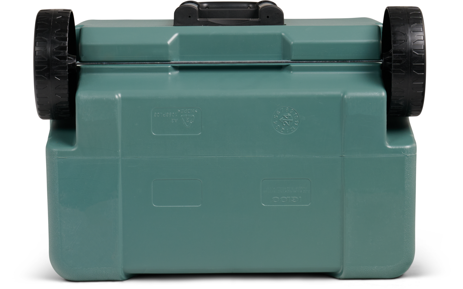 Rechteckiger grüner Kunststoffbehälter mit zwei schwarzen Rädern und schwarzem Tragegriff