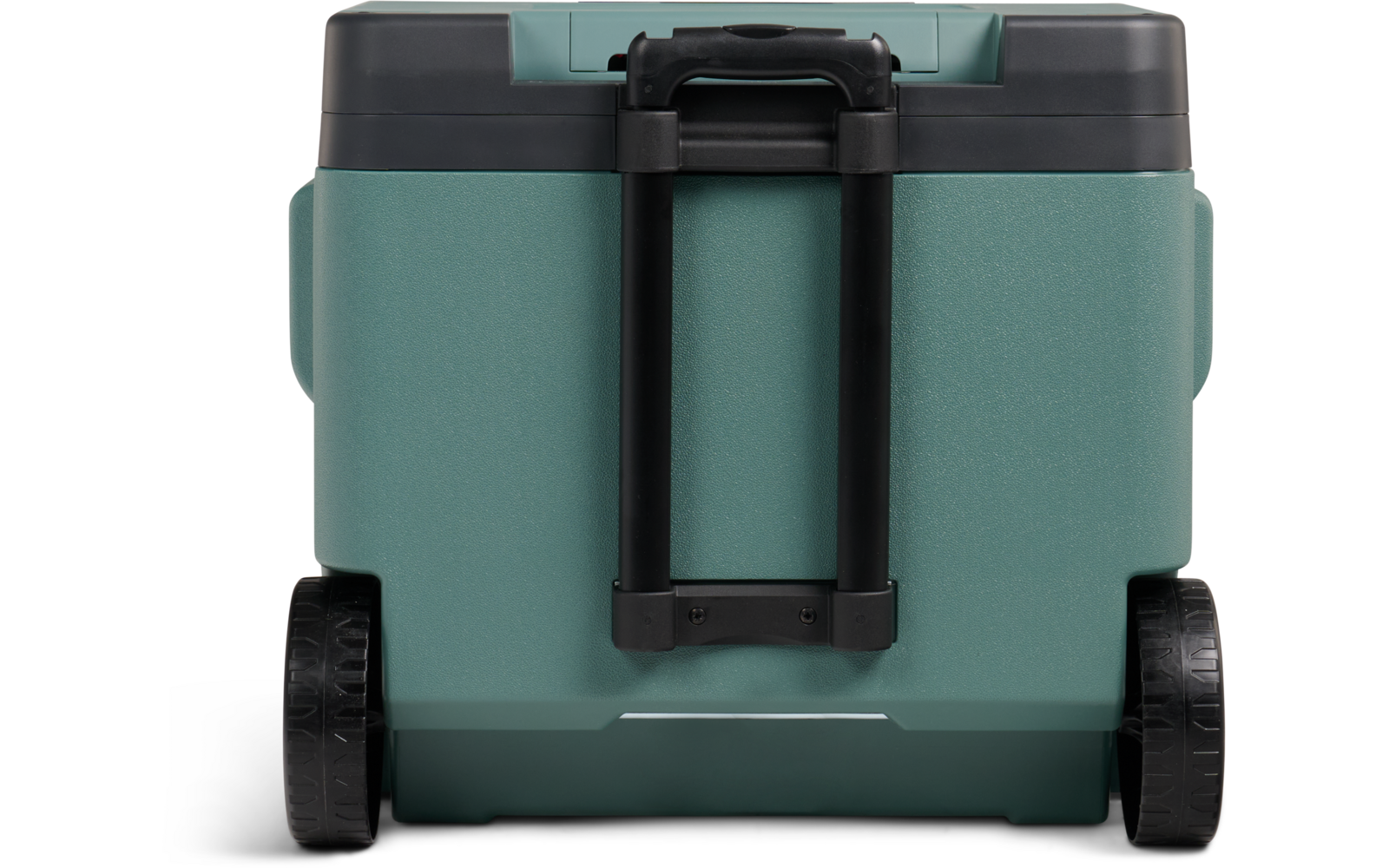 Türkisfarbene rollbare Kühlbox mit schwarzem, mittig angeordnetem Teleskopgriff, zwei schwarzen Rädern unten und dunklem Deckel, Frontalansicht
