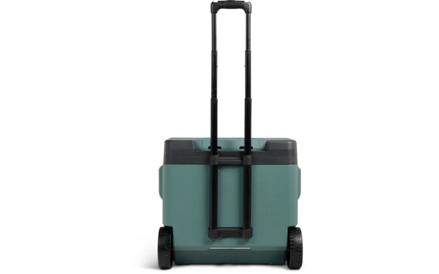 rechteckige türkisgrüne Box mit schwarzem Deckel, zwei Rädern und ausgezogenem Teleskopgriff
