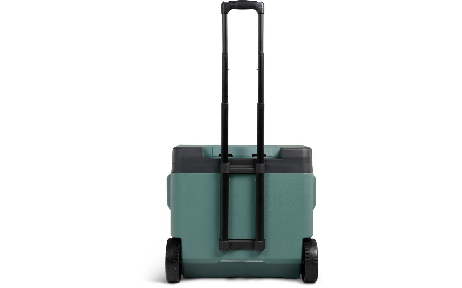 rechteckige türkisgrüne Box mit schwarzem Deckel, zwei Rädern und ausgezogenem Teleskopgriff