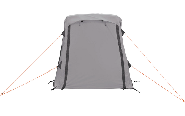 Graues Zelt mit schwarzen Details und roten Abspannleinen