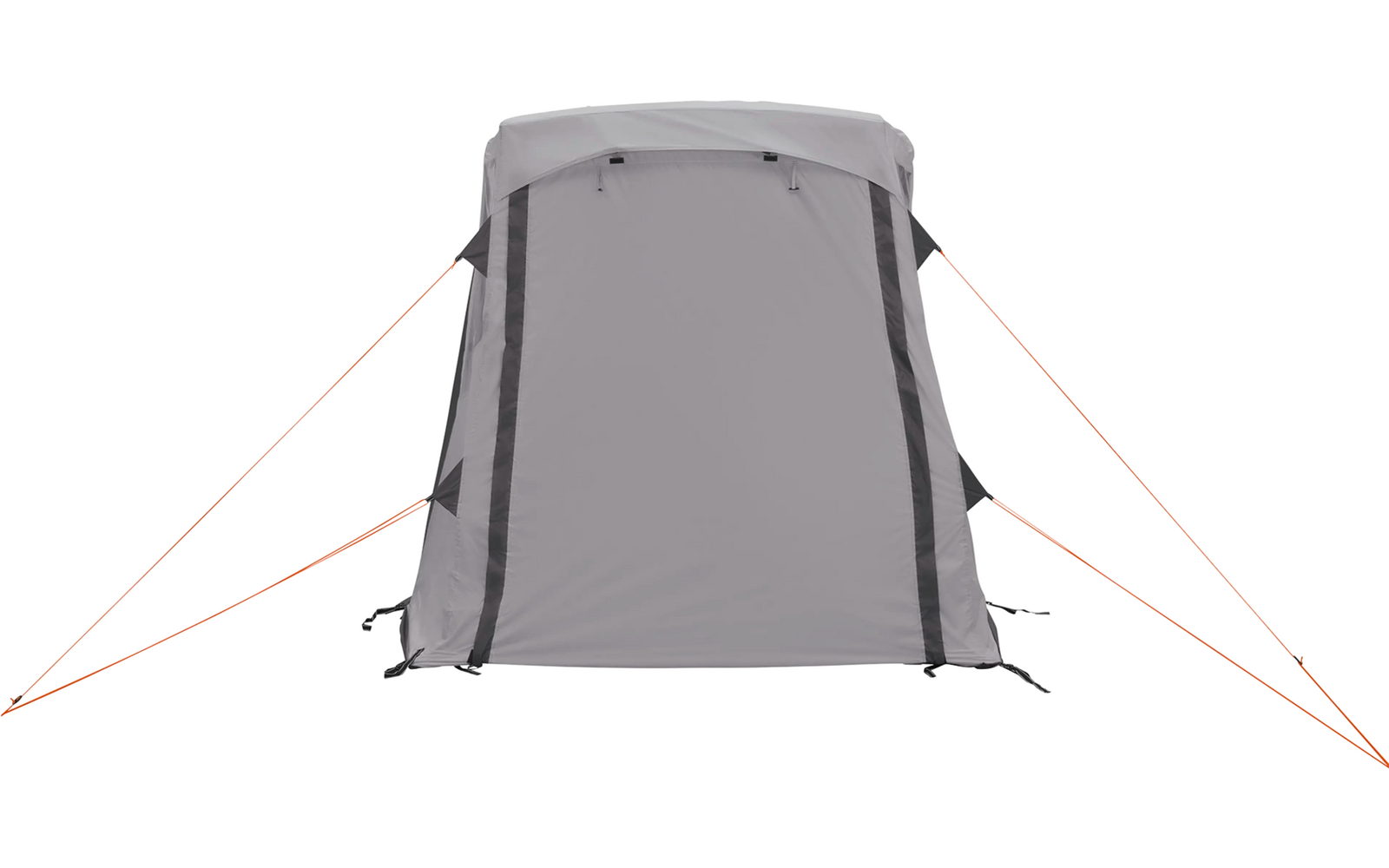 Graues Zelt mit schwarzen Details und roten Abspannleinen