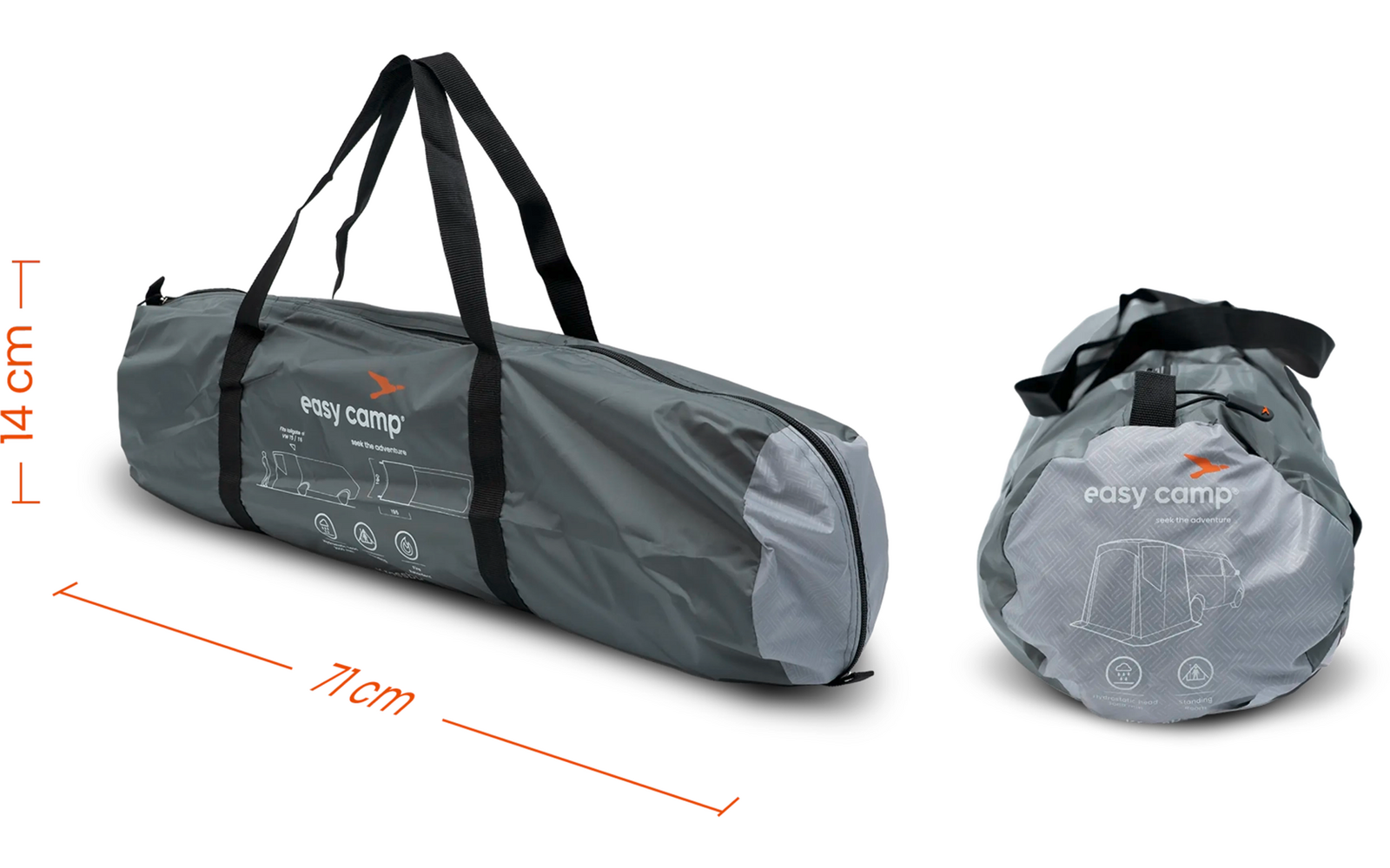 Zusammengerolltes graues Zelt mit schwarzen Tragegriffen, Maße 14 cm Höhe und 71 cm Länge, und verpackt in graue Tasche mit Netzmaterial