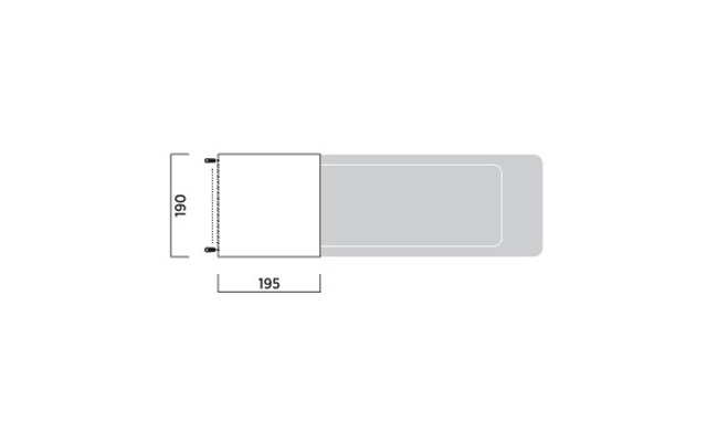 Grafik mit links einem weißen Rechteck, an dessen linker Kante zwei kleine Kreise; rechts ein längliches, abgerundetes hellgraues Rechteck. Vertikale Maßangabe '190' links und horizontale Maßangabe '195' unten