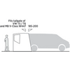 Seitenansicht einer Lieferwagen-Silhouette mit einer rechteckigen Verlängerung an der Heckklappe, links eine stehende Person und der Text 'Fits tailgate of VW T5/T6 and MB V-Class W447 185-200'