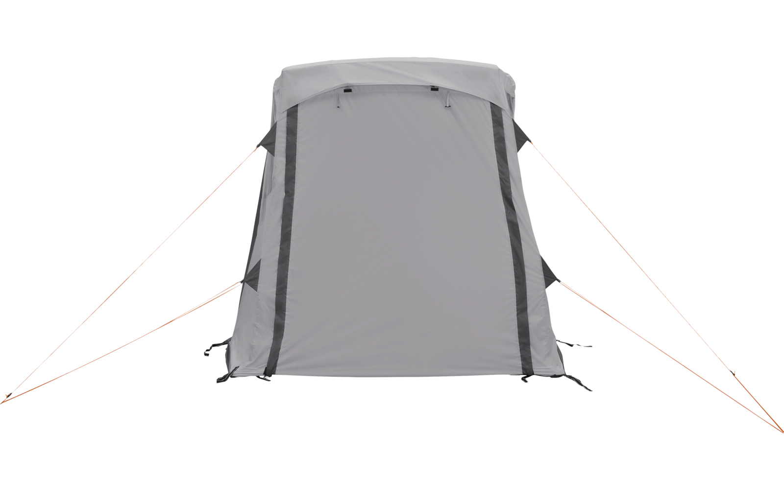 Graue, freistehende Stoffstruktur mit geschlossener rechteckiger Vorderseite, mittigem vertikalen Reißverschluss und vier orangen Abspannleinen