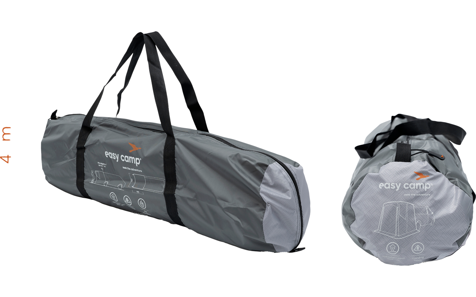 Graue Transporttasche mit schwarzem Tragegurt und Aufdruck "easy camp", zwei Ansichten (längliche Seitenansicht und runde Endansicht), orange Maßangaben "71 cm" und "14 cm"