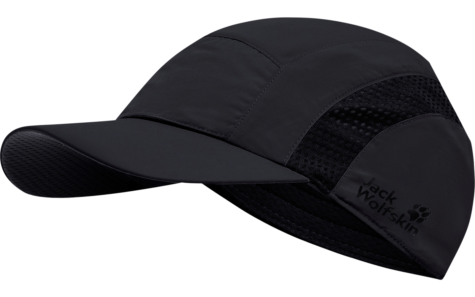 Dunkle Sportkappe mit gebogenem Schirm, Mesh-Einsätzen an den Seiten und sichtbarem Jack Wolfskin-Logo