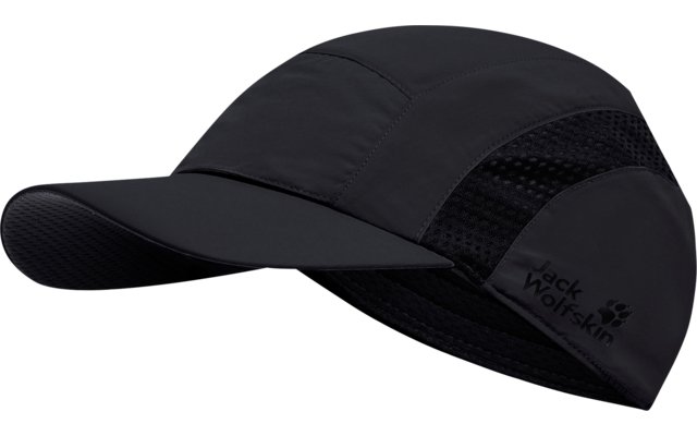 Dunkle Sportkappe mit gebogenem Schirm, Mesh-Einsätzen an den Seiten und sichtbarem Jack Wolfskin-Logo