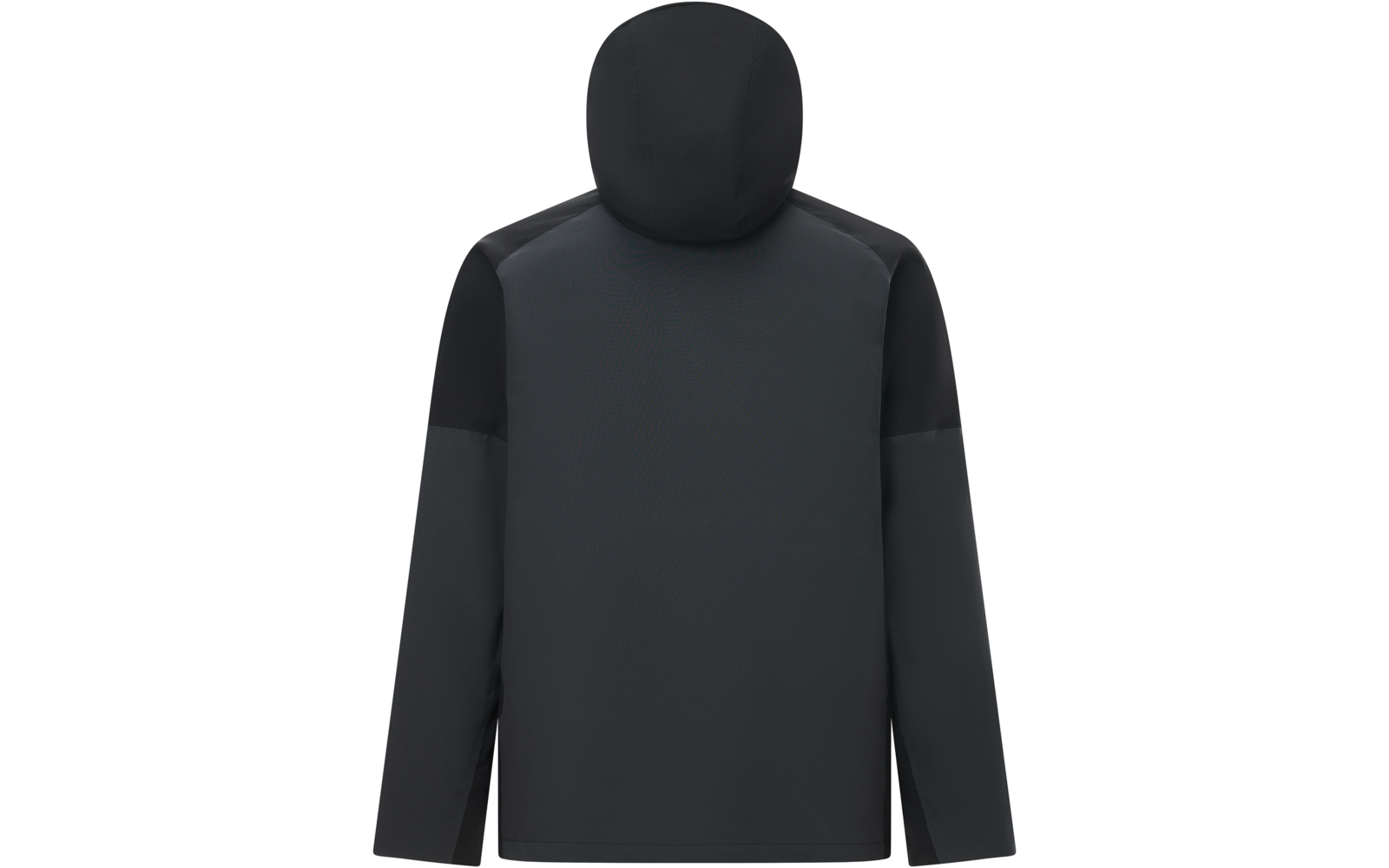 Rückansicht einer dunkelgrauen Jacke mit Kapuze und schwarzen Schulter- und Armpaneelen