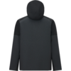 Rückansicht einer dunkelgrauen Jacke mit Kapuze und schwarzen Schulter- und Armpaneelen