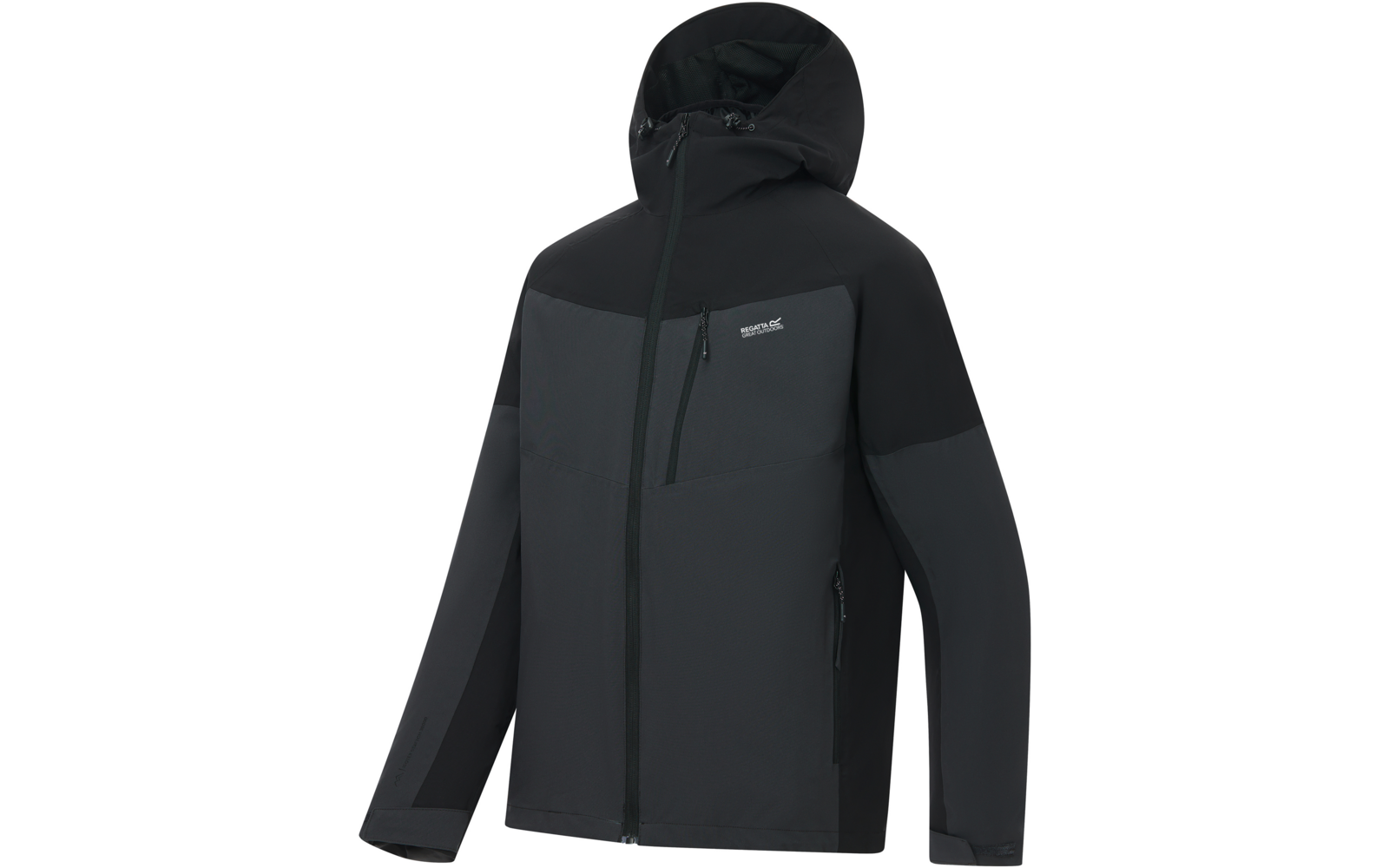 Dunkelgraue und schwarze Jacke mit Kapuze, durchgehendem Reißverschluss, Brust-Reißverschlusstasche, seitlichen Reißverschlusstaschen und kleinem Logo auf der Brust