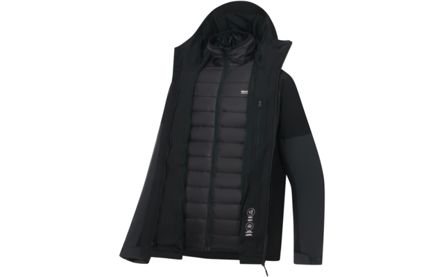 Schwarze Jacke mit Kapuze, geöffnet, zeigt gesteppte Innenfutter und durchgehenden Reißverschluss, lange Ärmel