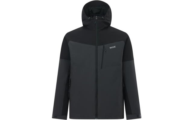 Vorderansicht einer dunkelgrauen, zweifarbigen Kapuzenjacke mit durchgehendem Reißverschluss, schräger Reißverschlusstasche links auf der Brust, zwei Reißverschlusstaschen an den Seiten und Markenlogo links auf der Brust