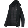 Schwarze Jacke mit Kapuze, geöffnet, zeigt gesteppte Innenfutter und durchgehenden Reißverschluss, lange Ärmel