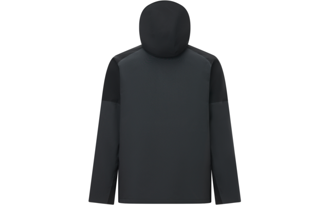 Rückansicht einer dunkelgrauen Jacke mit Kapuze und schwarzen Schulter- und Armpaneelen
