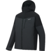 Dunkelgraue und schwarze Jacke mit Kapuze, durchgehendem Reißverschluss, Brust-Reißverschlusstasche, seitlichen Reißverschlusstaschen und kleinem Logo auf der Brust