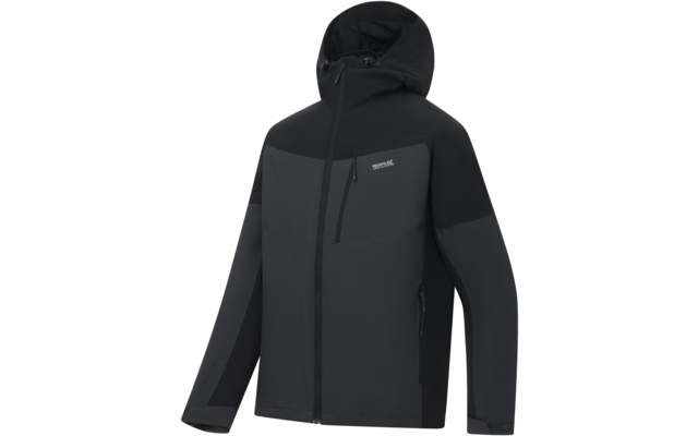 Dunkelgraue und schwarze Jacke mit Kapuze, durchgehendem Reißverschluss, Brust-Reißverschlusstasche, seitlichen Reißverschlusstaschen und kleinem Logo auf der Brust