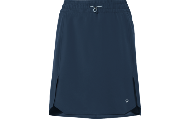 Courte jupe bleu foncé avec taille élastique, cordon, fentes latérales et petit logo blanc sur l'avant droit