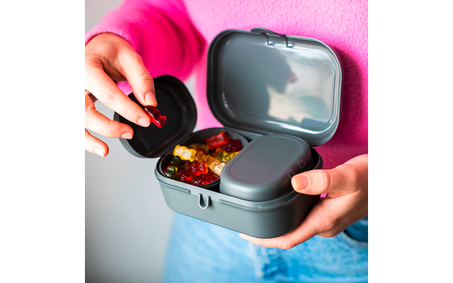 Deux mains tiennent une boîte à lunch grise ouverte contenant des oursons en gomme colorés dans un compartiment; une main saisit un ourson rouge. La personne porte un pull rose et un jean bleu